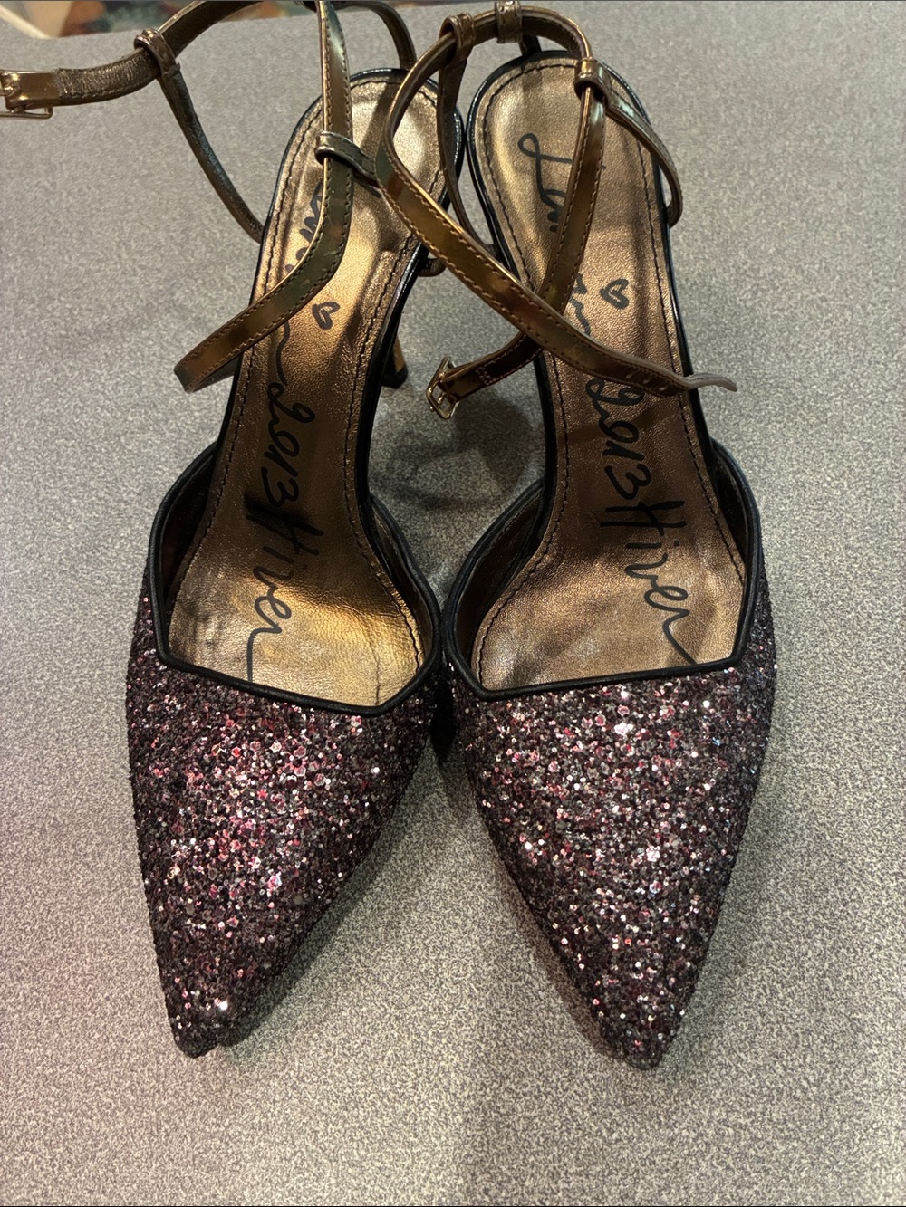 Lanvin Black and Pink Glitter Pointed-Toe Ankle-Strap Pumps